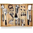 Pristine Bamboo Expandable Drawer Organizers for Kitchen - Extra Deep Non-Slip 17” x 14.6” (expands up to 25 inches) - Dark Wooden Silverware Divider (10 Compartments) – Organize Cooking Utensils