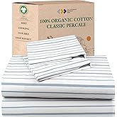 California Design Den King Bed Sheets Stripe, 100% Organic Cotton Percale Sheets, Deep Pocket King Sheets & Pillowcase Set - Blue Stripe