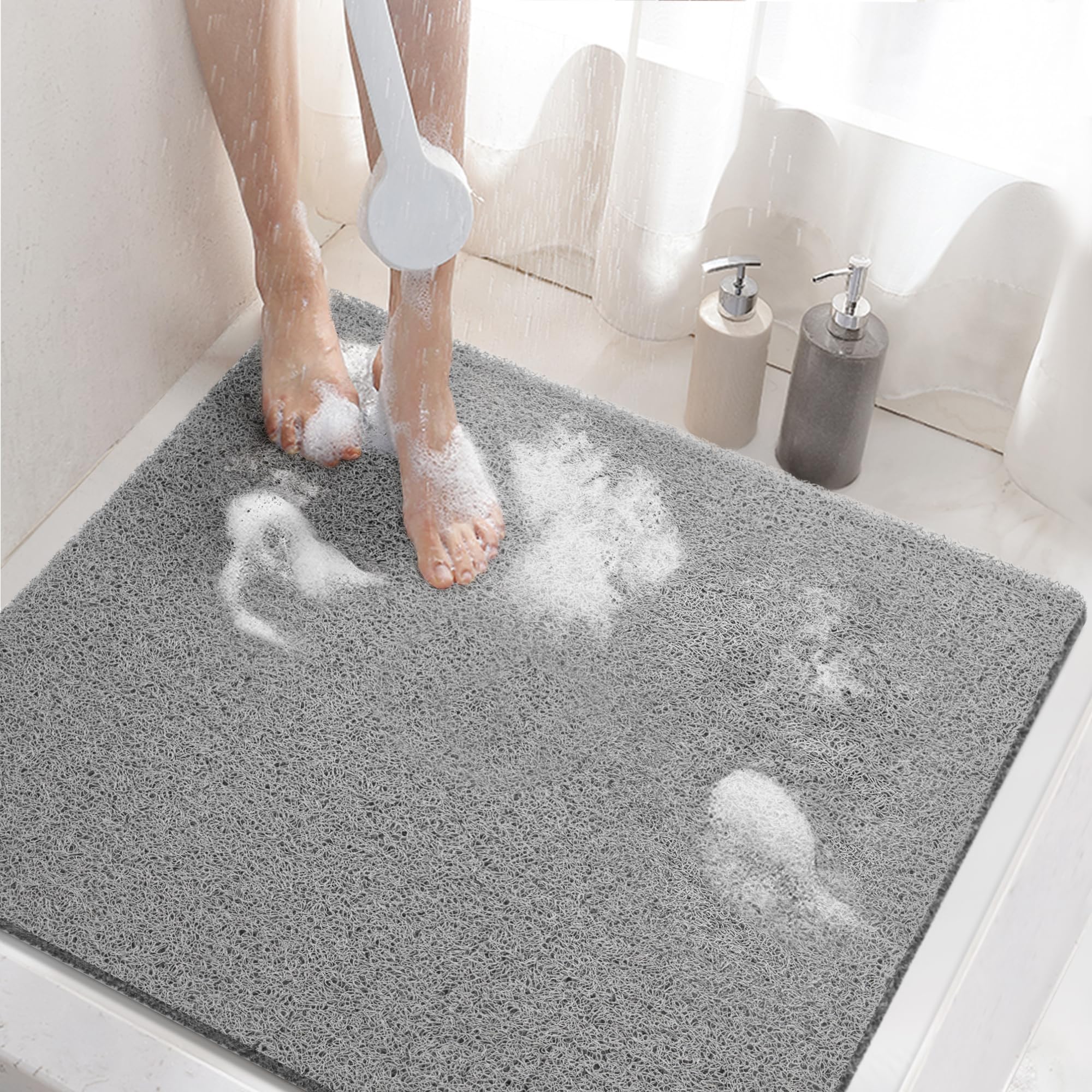HITSLAM Shower mat Non Slip, 60 x 60 CM Non Slip Bath Mat with Drain, Soft PVC Loofah Shower Bath Mat for Tub, Quick Drying Shower Mat for Bathroom, Grey