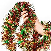 50FT Christmas Tinsel Garland, Gold Red Green Metallic Twist Garland, Chunky Glittery Xmas Decor for Tree, Mantle, Stairs, Indoor Outdoor Holiday Party Decorations A