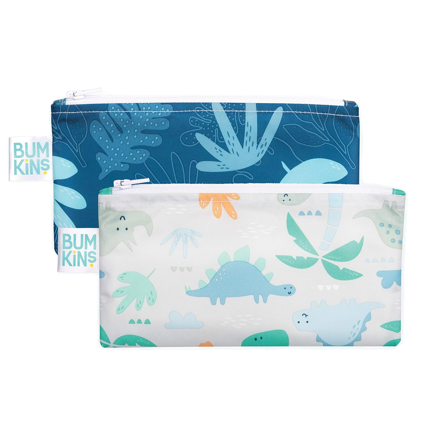 Bumkins Snack Bags, Reusable, Washable, Food Safe, BPA Free, 2 Pack – Blue Tropic & Dinosaurs