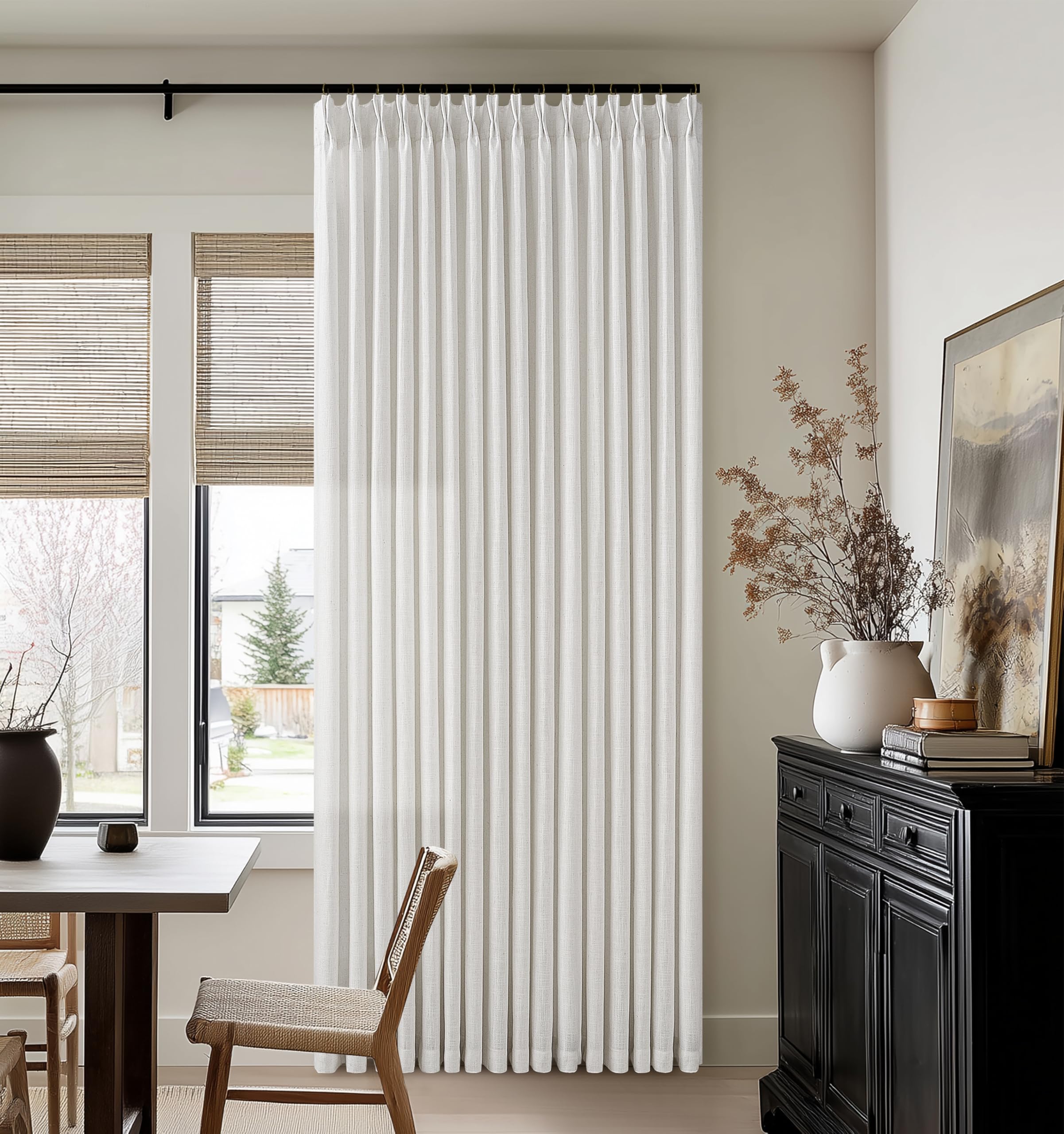 Photo 1 of 102 Inch Long Curtains for Living Dining Room Pinch Pleated Back Tab Light Filter Privacy That Let Light in Drapes 2 Panels Set Boho Neutral Beige White Ivory Linen Curtain Panels 102 Inch Length