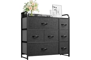 YITAHOME Fabric Dresser with 7 Drawers - Storage Tower with Large Capacity, Organizer Unit for Living Room - Sturdy Steel Frame, Easy Pull Fabric Bins & Wooden Top (Black/Grey)