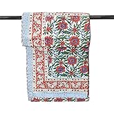 kanthaNtapestryart Indian Hand Block Print Kantha Quilt Cotton Kantha Throw Blanket Indian Bedspread Kantha Bed Cover Queen Size Quilt Throw Sofa Coverlet (King/Queen Size 90x108 Inch)