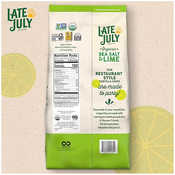 LATE JULY SNACKS, THIN & CRISPY ORGANIC TORTILLA CHIPS, SEA SALT & LIME, 14.75 OZ PARTY SIZE BAG