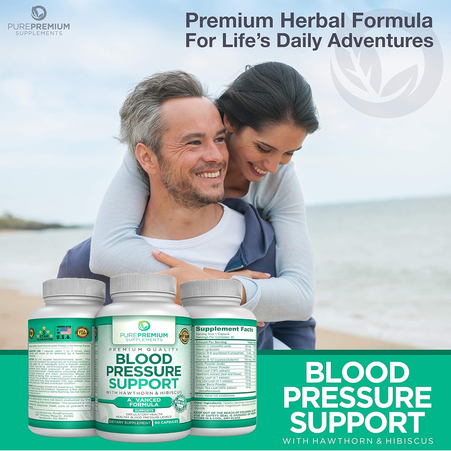 Premium Blood Pressure Support Supplement by PurePremium with Hawthorn & Hibiscus - Natural Anti-Hypertension for Cardiovascular & Circulatory Health - Vitamins & Herbs Promote Heart Health - 90 Caps: Health & Personal Care