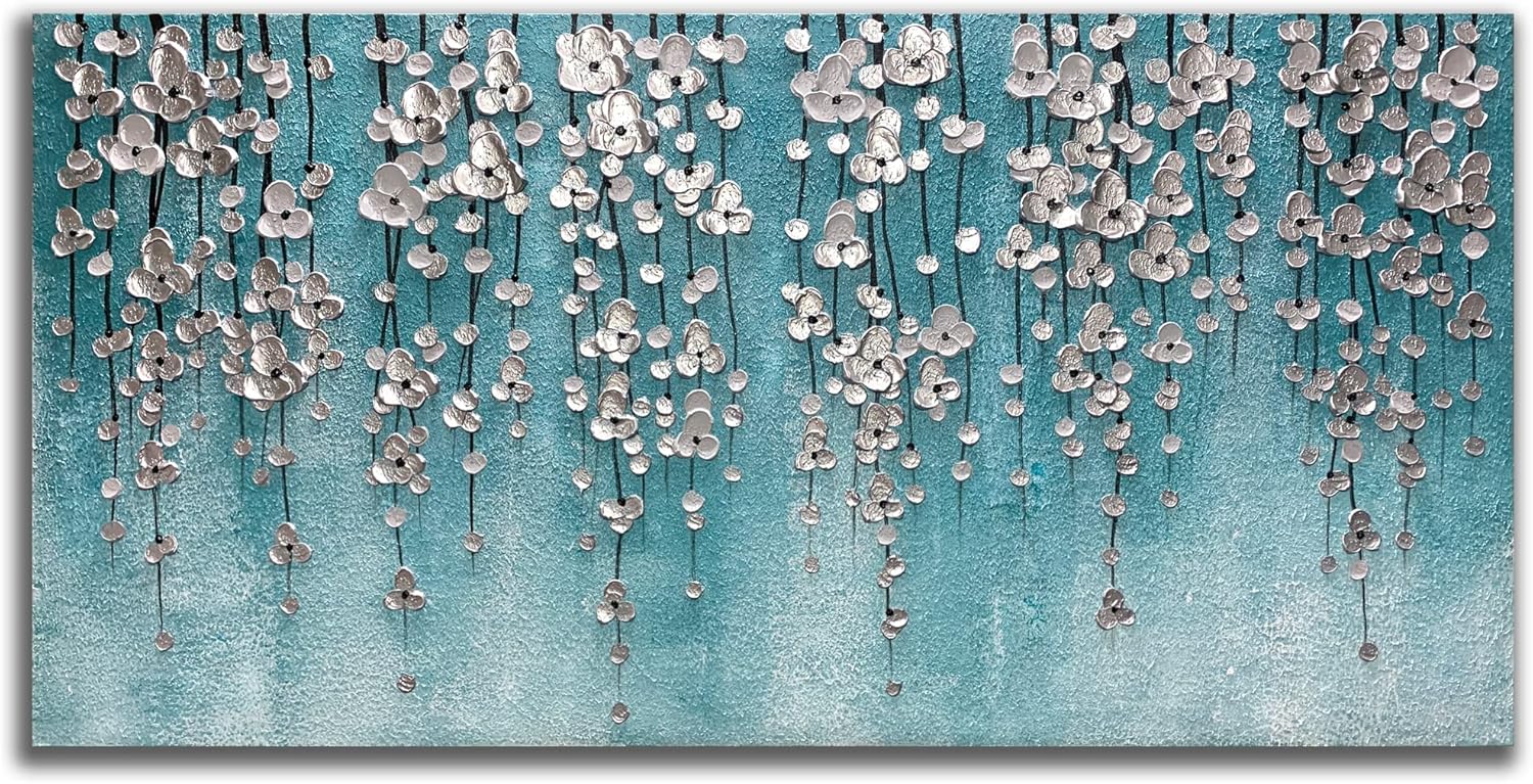 Paintings - Yika Art 3D Paintings 24X48 Inch Modern Abstract Oil Painting Hand Painted On Canvas Abstract Artwork Picture Wall Decoration for living room - Silver Flower Wall Art (Blue)