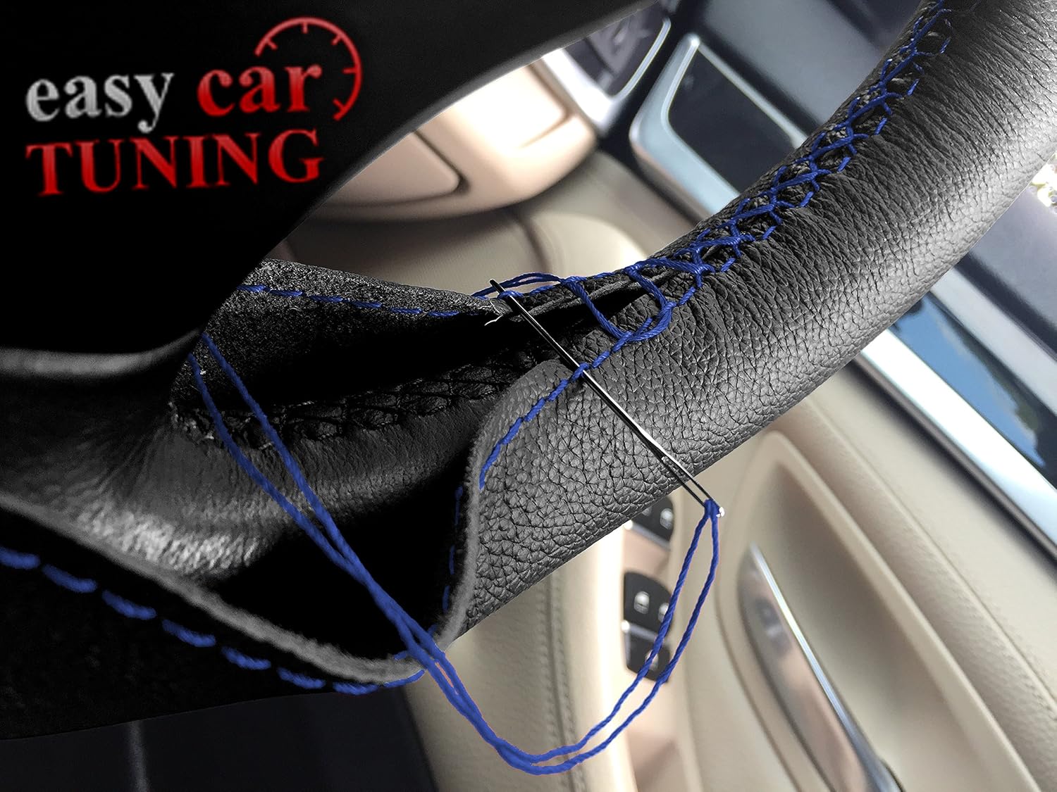BLACK REAL GENUINE LEATHER STEERING WHEEL COVER BLUE STITCHES Steering Wheel Covers Automotive