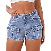 ELLEVEN High-Stretch Women's Cargo Jean Shorts, Trendy High-Waisted Cotton Denim Mini Shorts with 5 Pockets