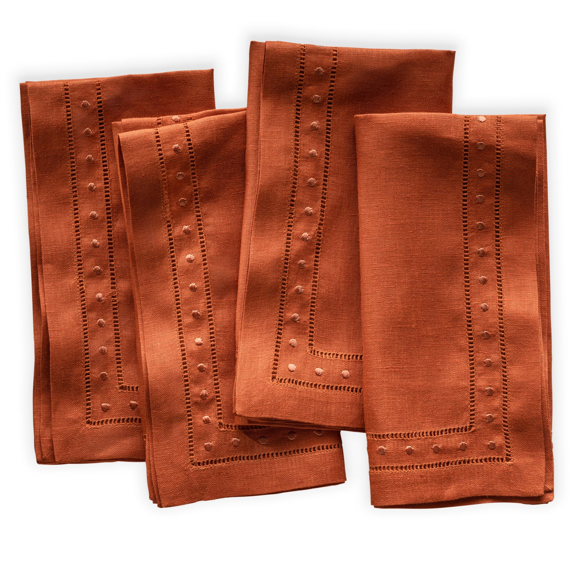 Linen Napkins - Burnt Orange 45 x 45 cm, Set of 4 Linen Hemstitch Dinner Napkins with Embroidered Swiss Dot - Machine Washable, French Flax Natural Fabric for Spring, Summer Holidays