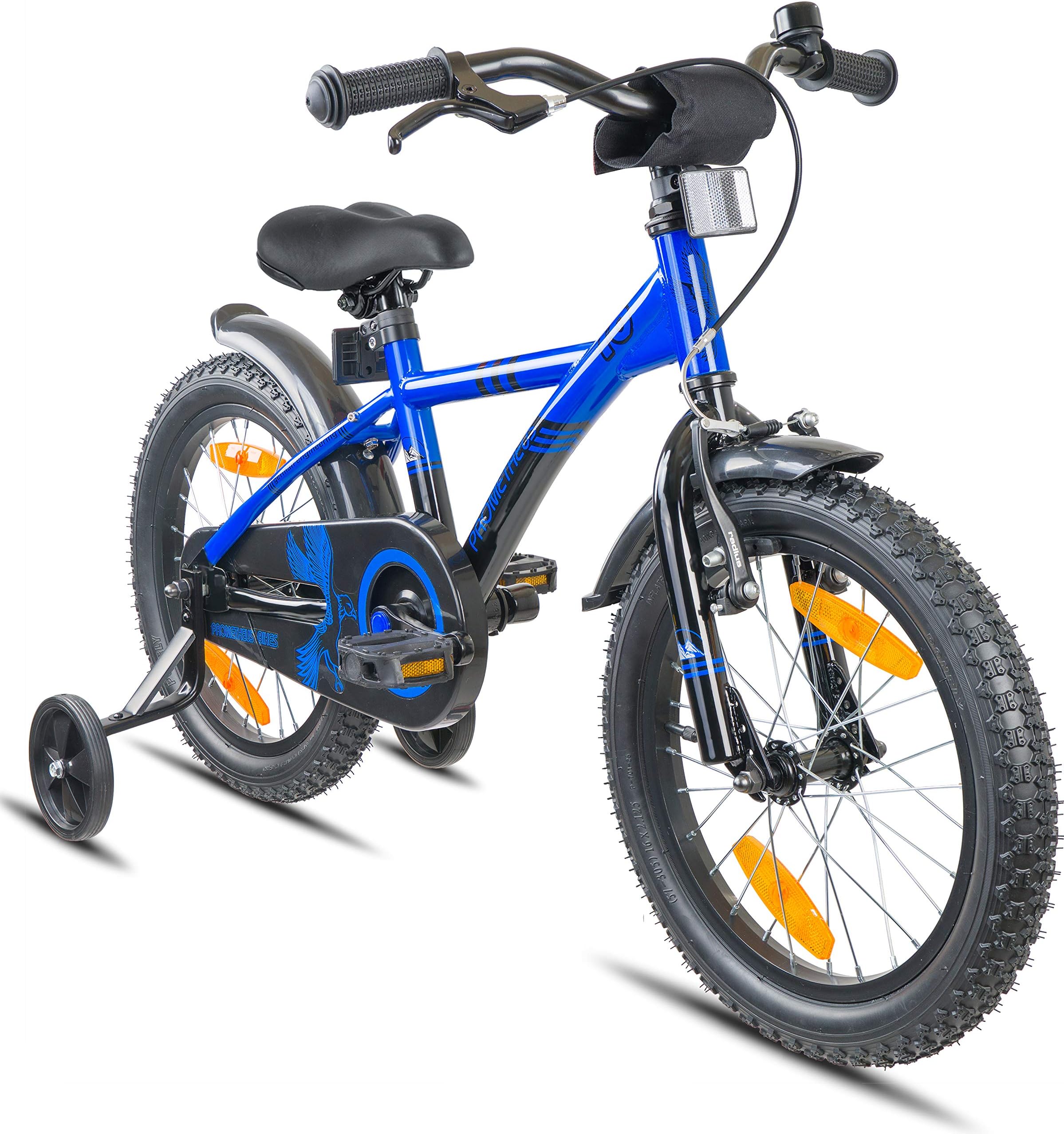 PROMETHEUS Kids bike 16 inch boy bike in colour blue & black with stabilisers | Caliper brake and backpedalling brake | From age 5 years | 16" BMX Edition 2017