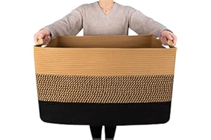 MINTWOOD Design 22in Extra Large Blanket Basket Holder for Living Room, Rectangle Rope Woven Storage Bin with Handles for Laundry, Pool Towels, and Shoes, Dog Toy Box Organizer, Black Jute