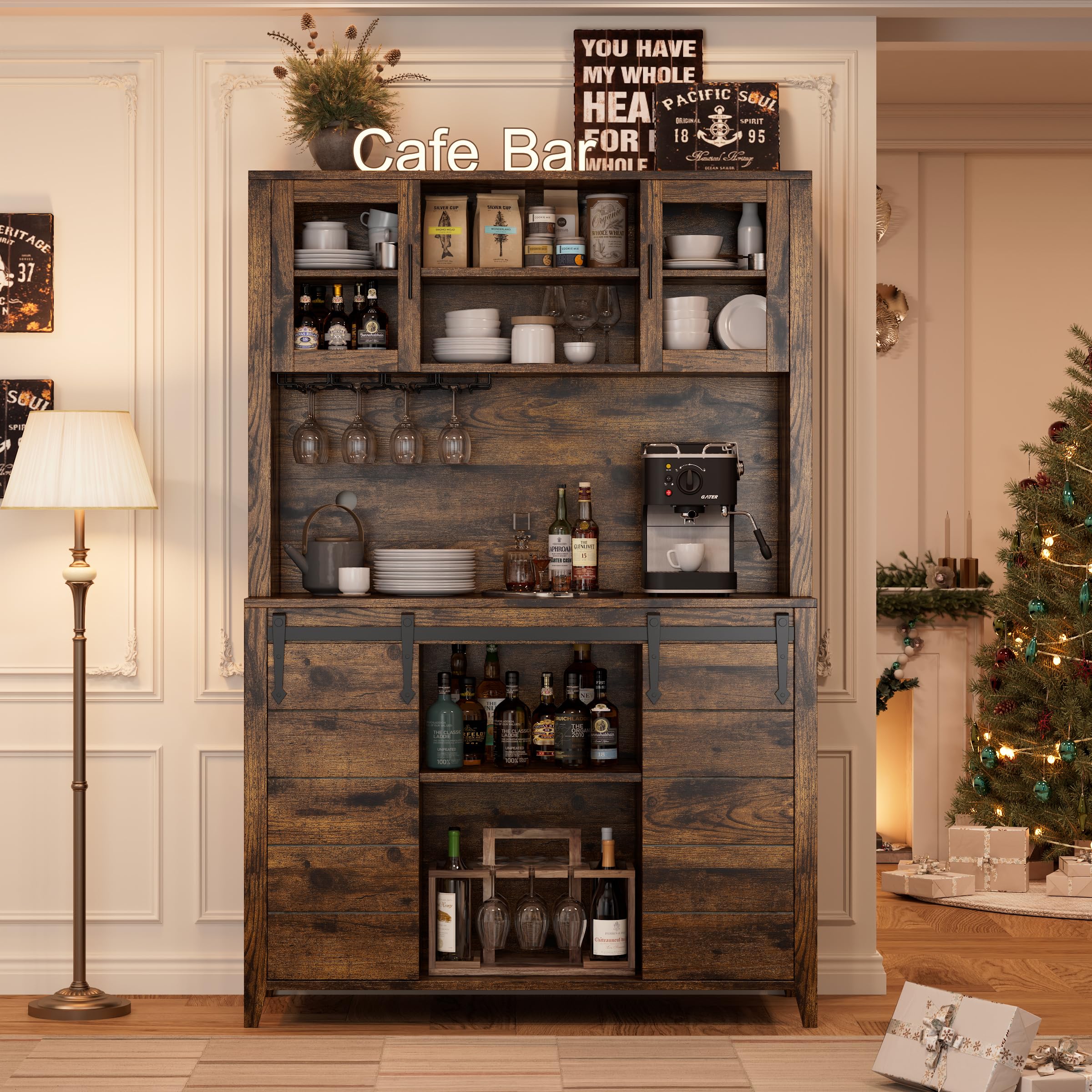 Photo 1 of *PARTIAL SET - Missing a box*
IDEALHOUSE 70'' Wine Coffee Bar Cabinet with Storage Hutch, Tall Kitchen Pantry Liquor Cabinet with Sliding Barn Doors, Bottle Glasses Rack, Farmhouse Buffet for Home Dining Room, Brown