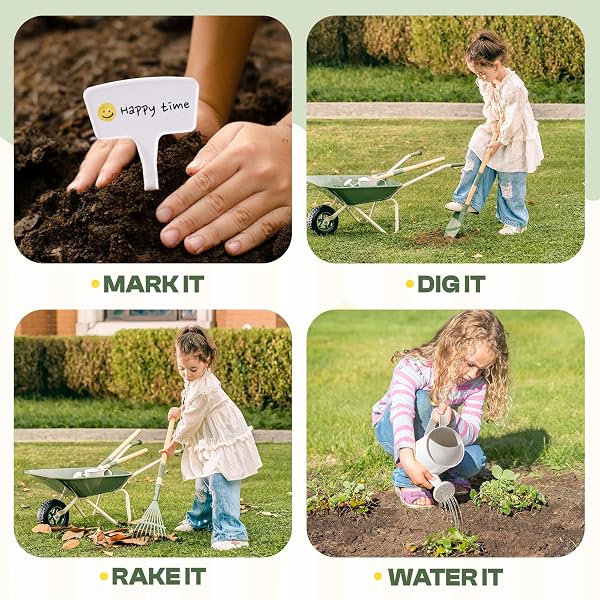 ROBOTIME KIDS WHEELBARROW WITH GARDENING SET – METAL WHEELBARROW TODDLER OUTDOOR PLAY TOY WITH GARDEN TOOLS, WATERING CAN & PLANT LABELS, PRETEND PLAY YARD EQUIPMENT FOR BOYS AND GIRLS (GREEN)
