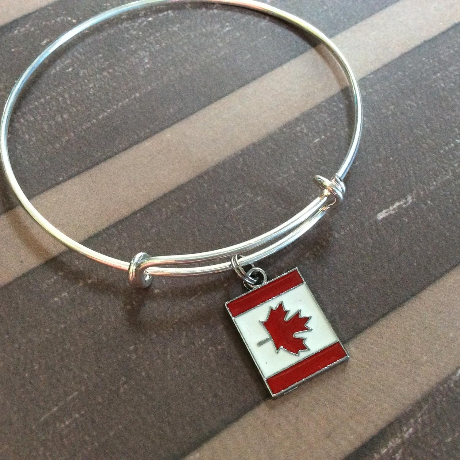 Canadian Flag Silver Expandable Charm Bracelet Bangle Handmade