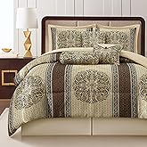 LANCO MODERN LIFESTYLE King Size Comforter Set, Brown Medallion Jacquard Design, Luxurious Bohemian 7 Pieces Bedding Set with Decorative Pillows and Bed Skirt