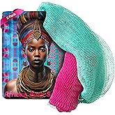AFRIKI African Net Sponge – Exfoliating Body Scrubber, Black Owned & Rooted in Africa, All Skin Types | 45 in Long (Camelia & Turquoise)