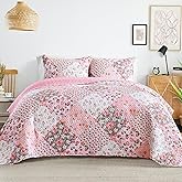 Whale Flotilla Patchwork Quilts Queen Size, Extra Soft Boho Floral Bedspreads for Bed Reversible Lightweight Full Queen Quilt Bedding Set Printed Coverlets with 2 Pillow Shams for All Seasons, Pink