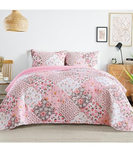 thumbnail interactive-video image 1 of Antique Rose King 3-Piece Quilt Set - Shabby Chic Cream & Pink Floral Cottage Bedding 1 of 6
