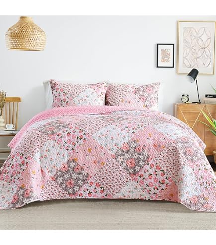 Antique Rose King 3-Piece Quilt Set - Shabby Chic Cream & Pink Floral Cottage Bedding