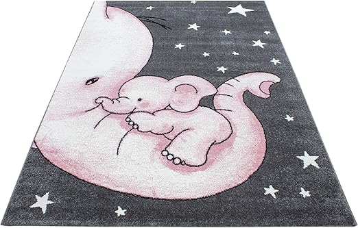 Simpex Tapis Pour Enfant Motif éléphant étoiles Chambre Denfant Chambre De Bébé Chambre De Jeu Tapis Rectangulaire Gris Rose Blanc Rose