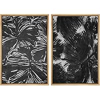 SIGNWIN Framed Wall Art Print Set Black Leaf Over Gray Background Duotone Nature Leaves Digital Art Modern Art Contemporary Edgy Dark for Living Room, Bedroom, Office - 16