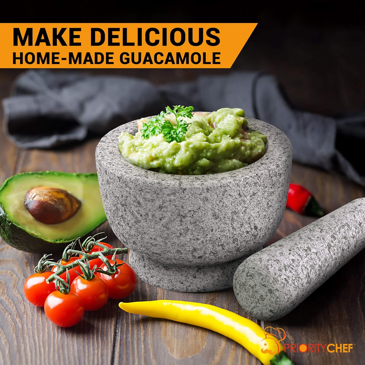 PriorityChef Mortar and Pestle Set - 100% Natural 2 Cup Unpolished Granite - Grind, Crush & Mash Spices and More - Easy to Use & Clean - Solid Stone Mortar and Pestle Large: Kitchen & Dining