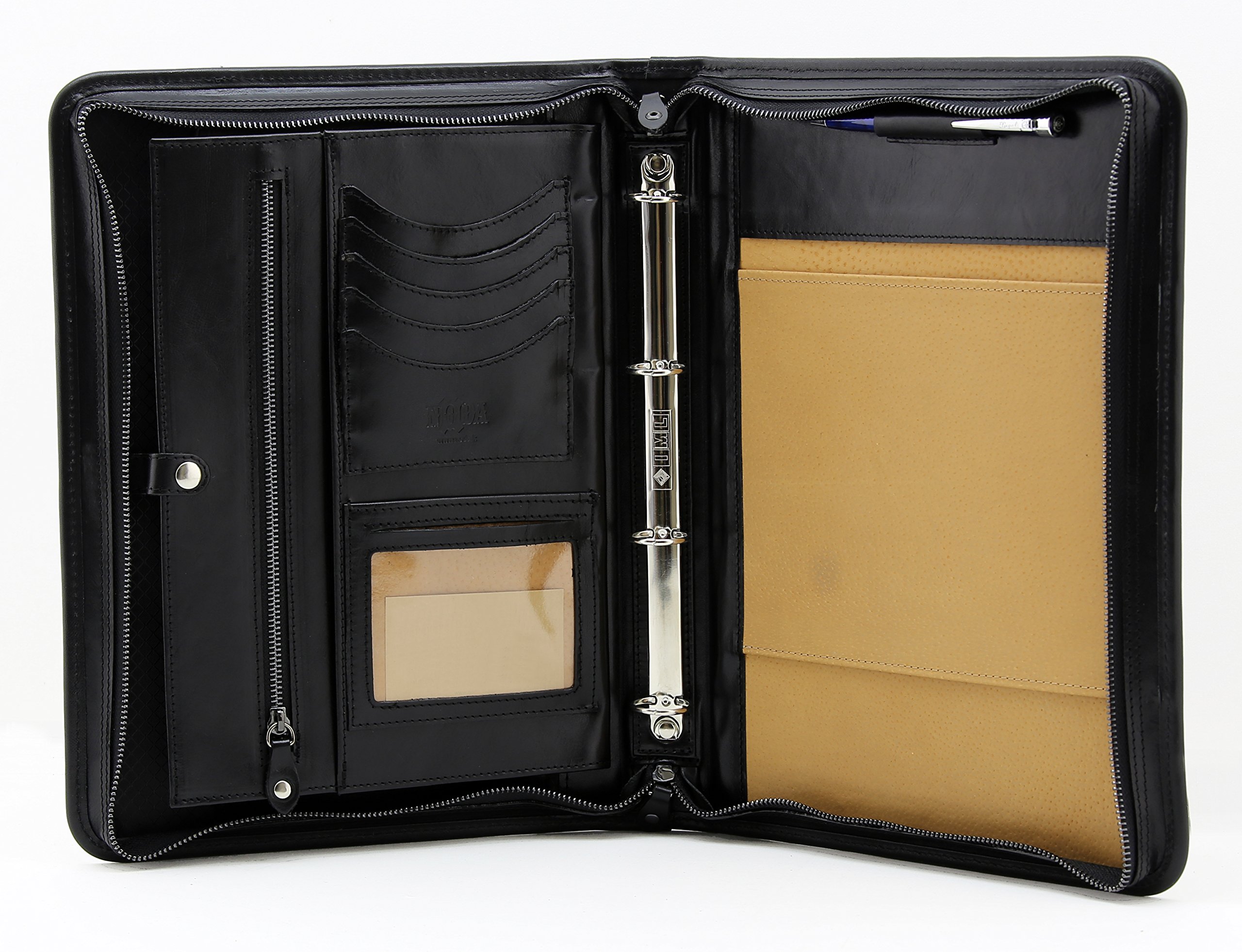 Italian Leather Folder Zipped Business Presentation Conference A4 Folder Padfolio Ring Binder (Black)