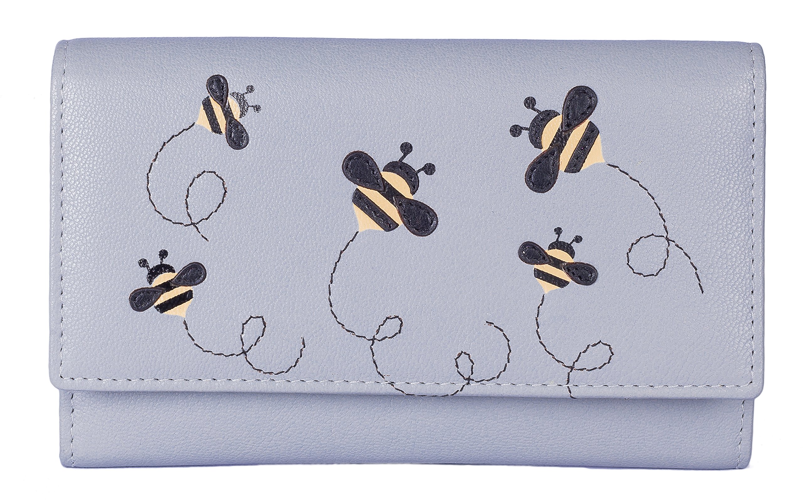 Mala Leather Bumble Bee Flapover Purse – Grey Soft Leather Wallet for Women with RFID Protection, Gift Dustbag – Mischa 3432 – 16 x 9 x 2.5cm