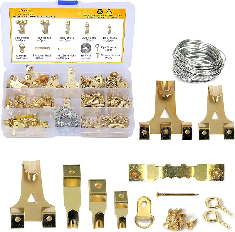 StayUnique1 260 PC Heavy Duty Picture Hooks Set Rustproof Saw Tooth D-Ring Nails
