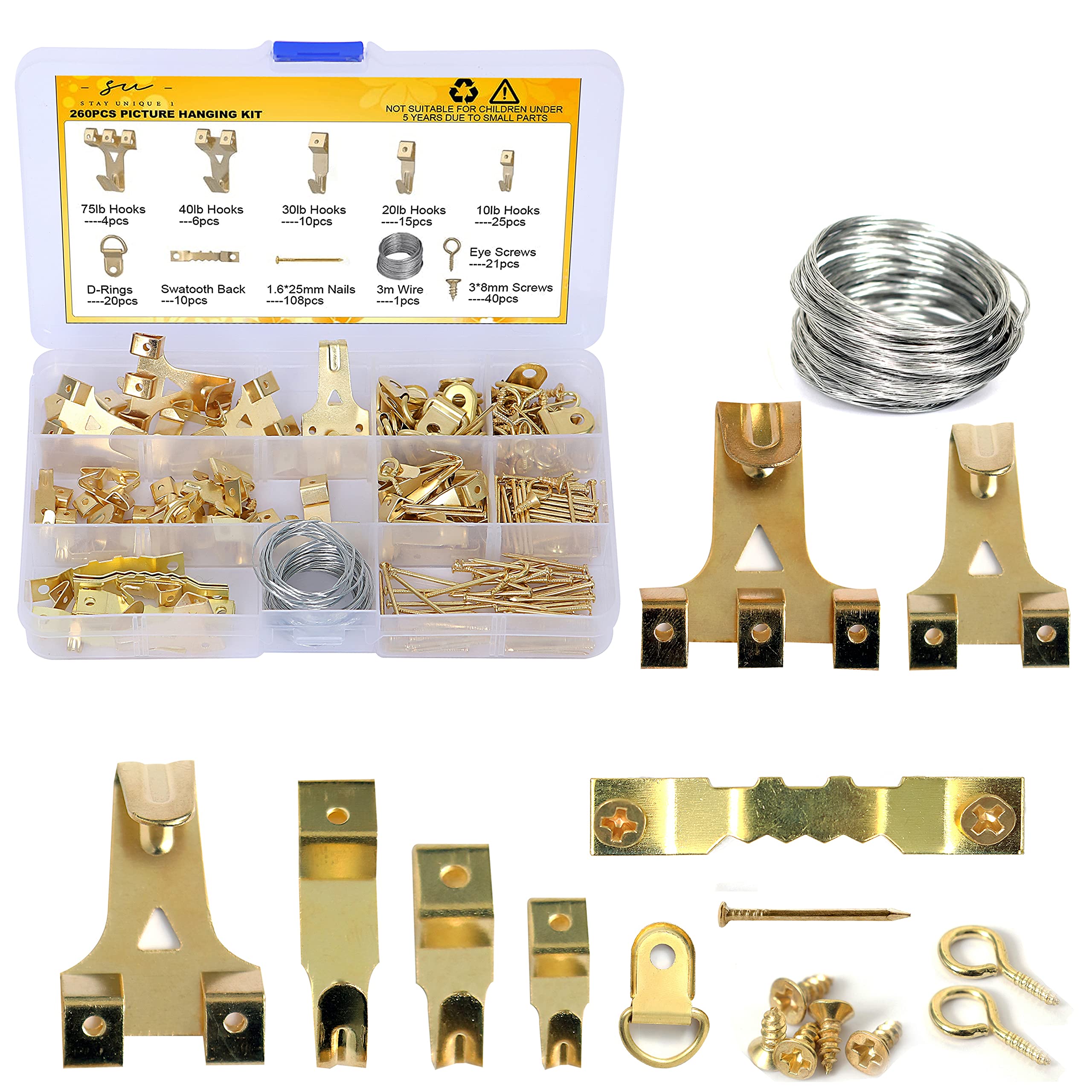 StayUnique1 - 260 PCs Picture Hooks Heavy Duty-- Rustproof Picture Hanging Kit with Saw Tooth, D-Ring, Nails with Screws for Mirrors, Picture Frames & Paintings — image 1