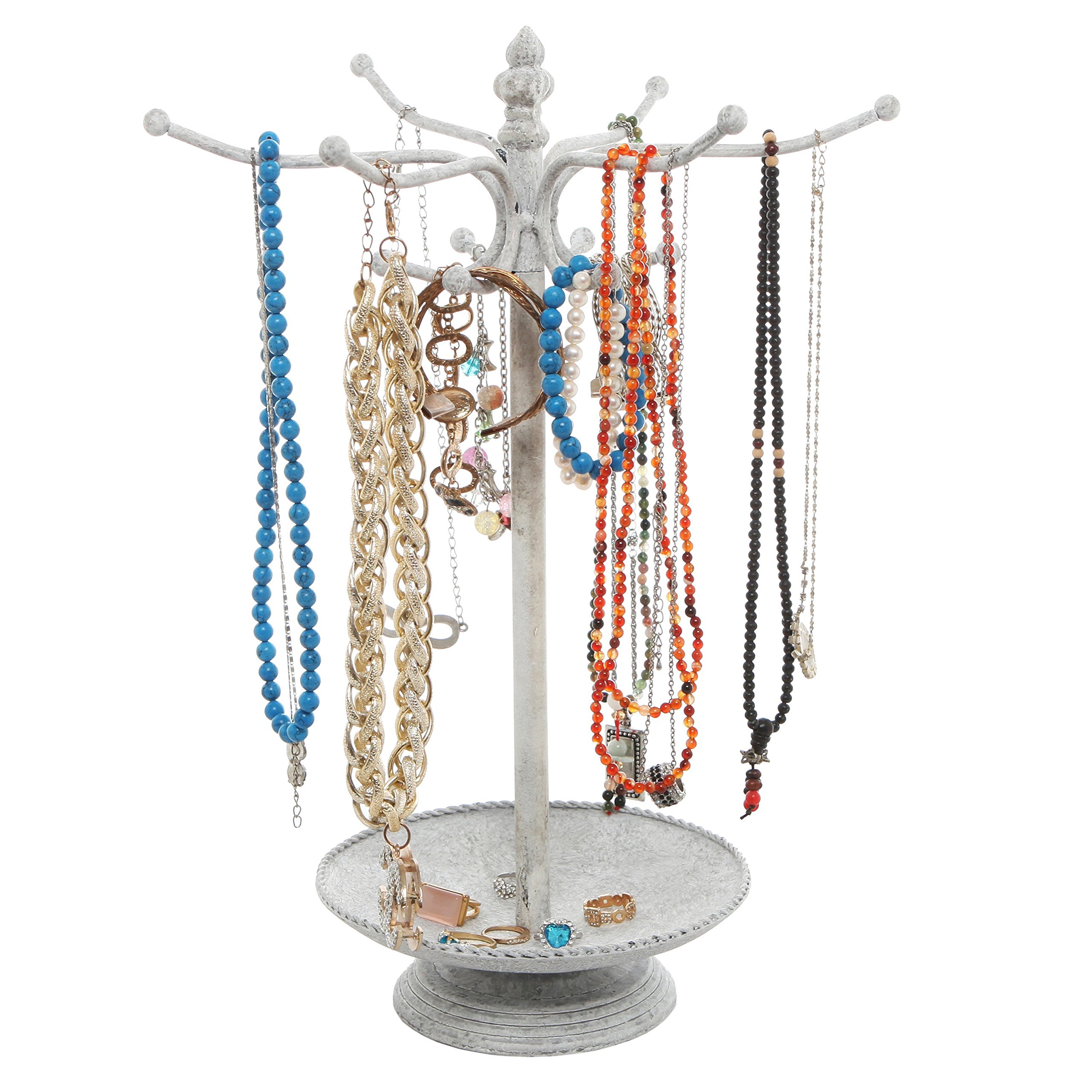Photo 1 of MyGift Vintage White Metal Necklace and Bracelet Organizer Jewelry Stand with 12 Hooks and Ring Dish Tray, Multipurpose Accessory and Keychain Holder Display Rack