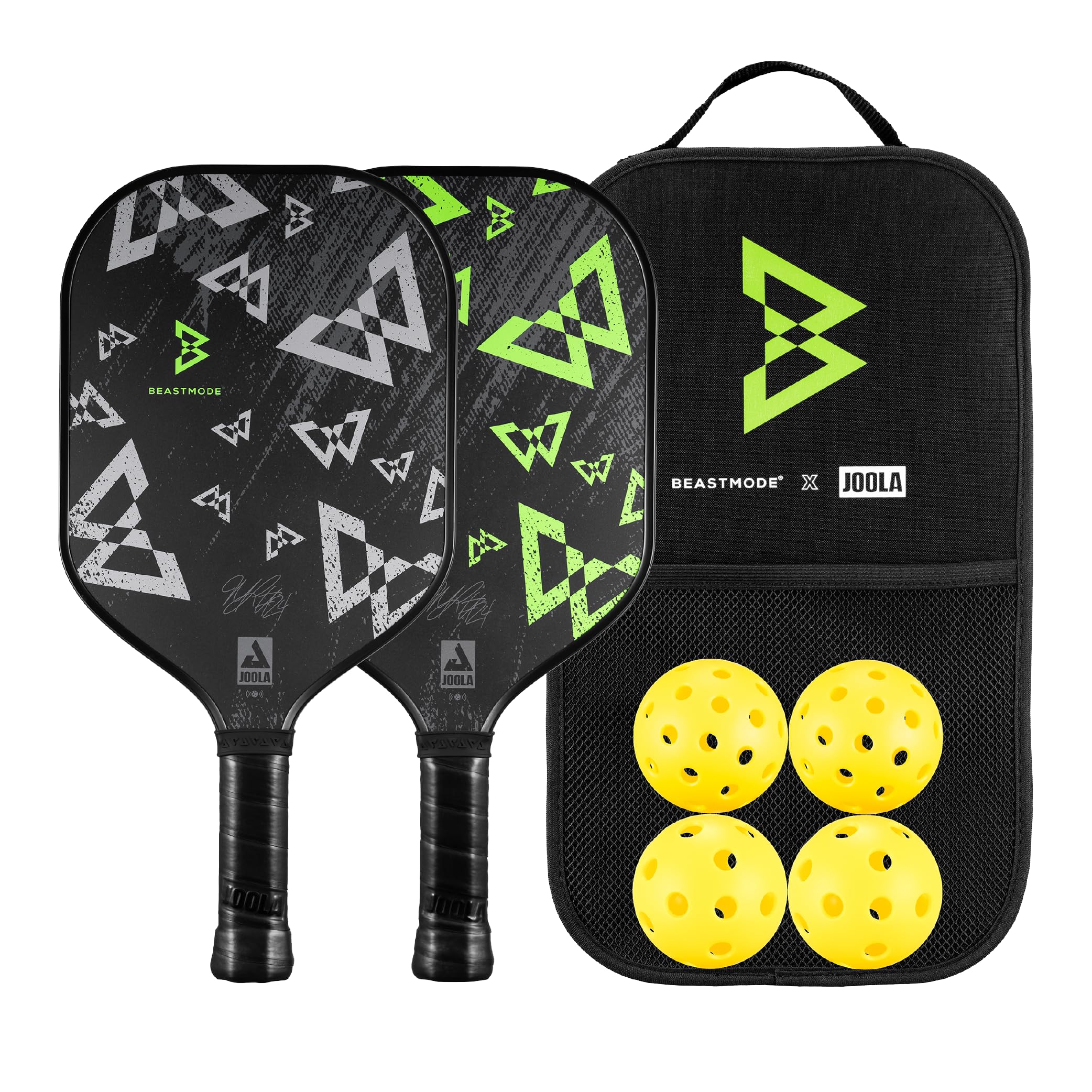 JOOLA Beastmode Pickleball Paddles Set of Two with Reinforced Fiberglass Surface and Honeycomb Polypropylene Core - Includes 2 Pickleball Rackets, 4 Pickleball Balls, and Carry Bag with Strap Image