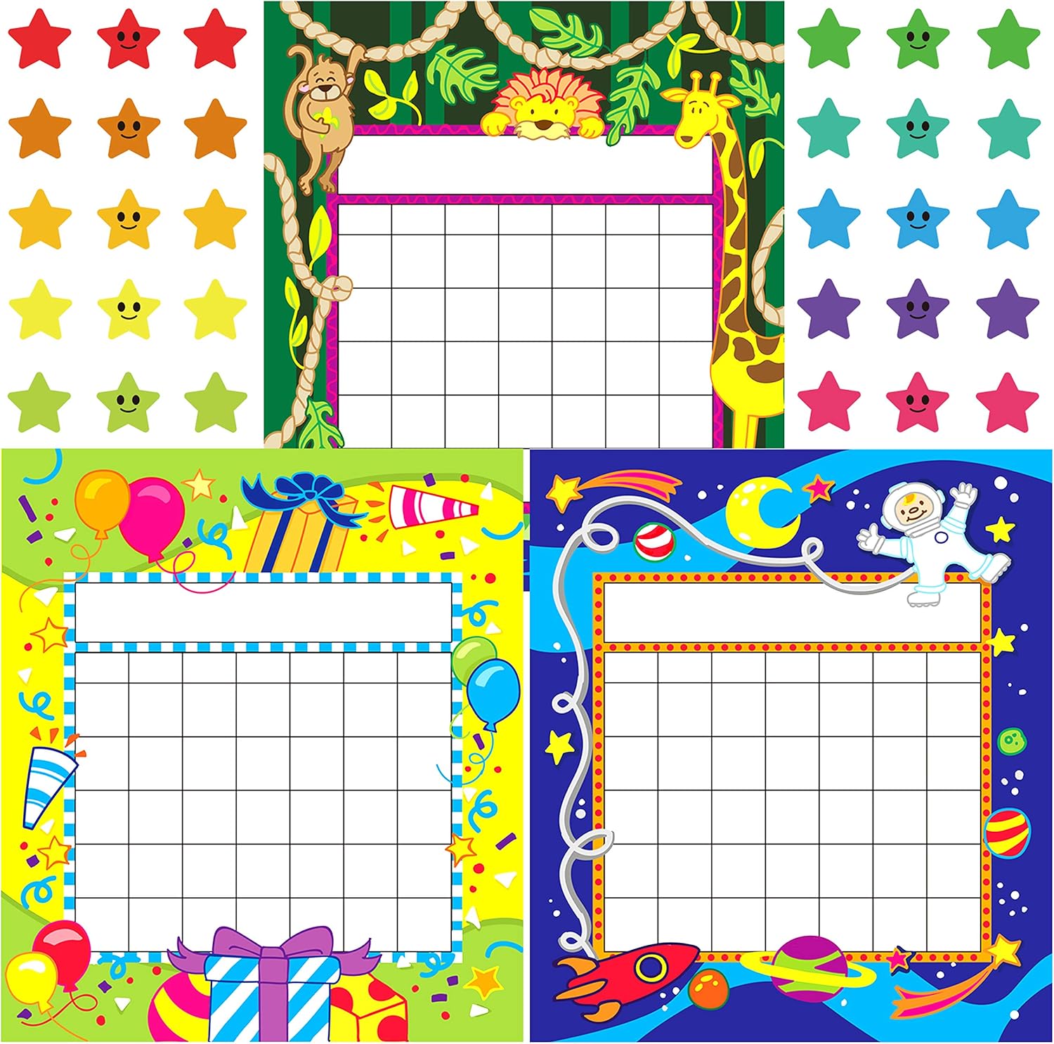 Youngever 81 Pack Classroom Incentive Chart in 3 Designs with 480 Star Stickers, Animal and Planet Design