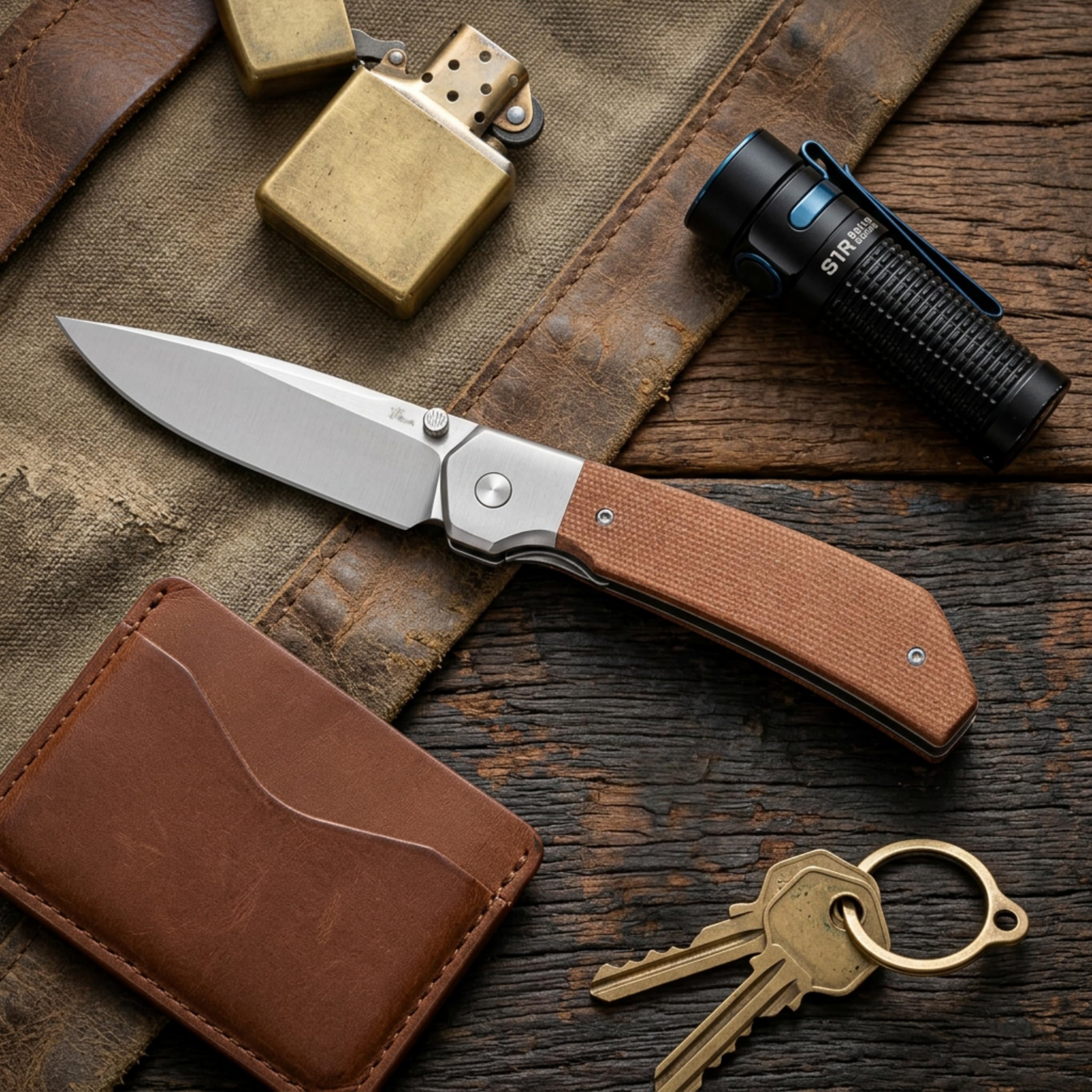 YF SMART EDC Taschenmesser mit D2 Stahl Klinge – 7,6 cm Drop-Point, Micarta Griff/Holzgriff, Flachschliff, Manuelles Klappmesser mit Taschenclip – Robustes Outdoor & Alltagsmesser mit (Micarta Griff) 2