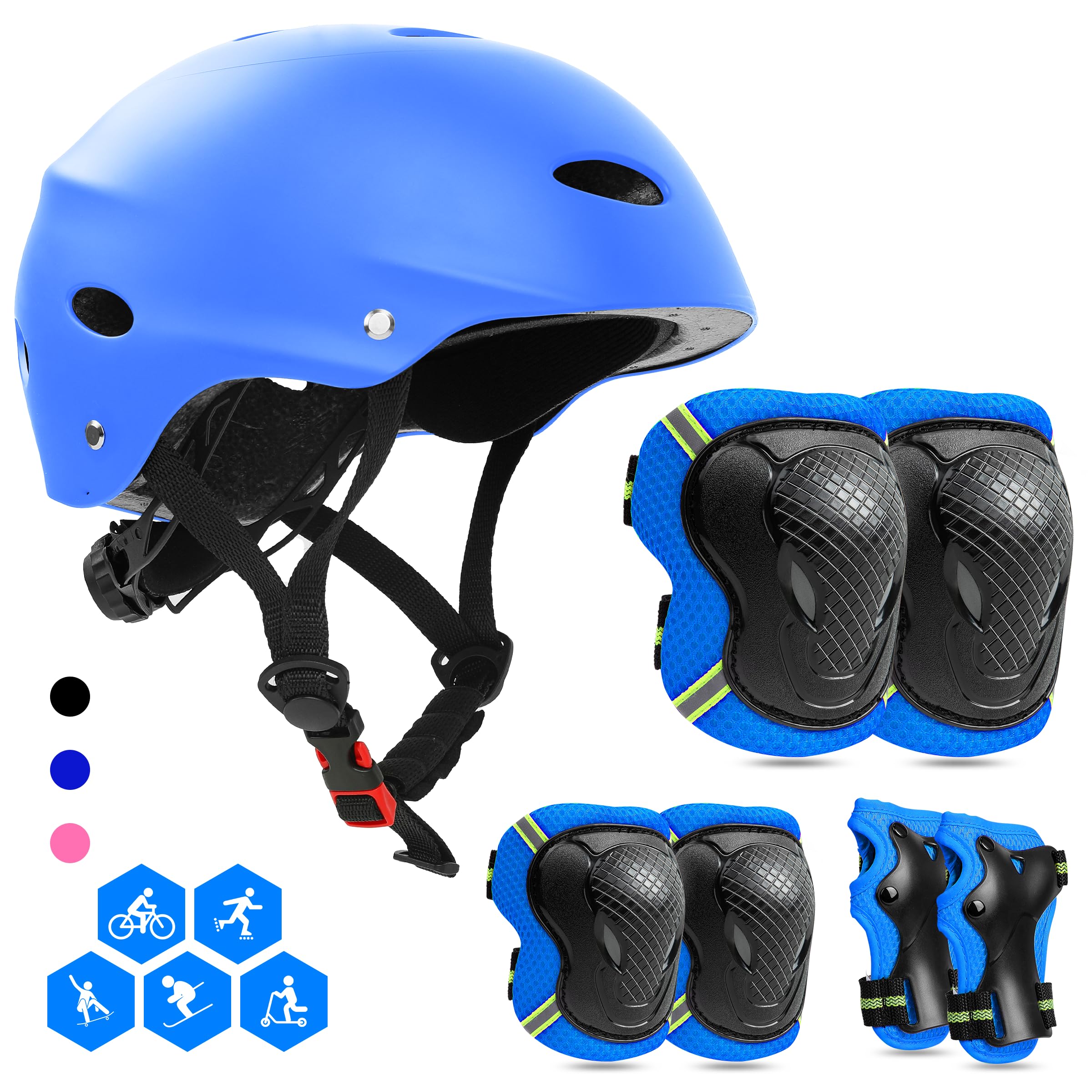 FAYITING Kids' Protective Gear 7-In-1 Helmet Set Boys and Girls Helmet Set Knee Wrist and Elbow Pads for Skate Quad Bike Scooter Skateboard (Blue, S)