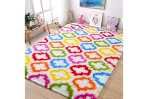 Tepook Fluffy Colorful Rug for Kids, Shaggy Soft Rainbow Area Rugs for Girls Bedroom, Indoor Modern Geometric Moroccan Rugs Plush Girls Kids Rug for Playroom Teens Room Nursery Home Decor, 3 X 5 ft