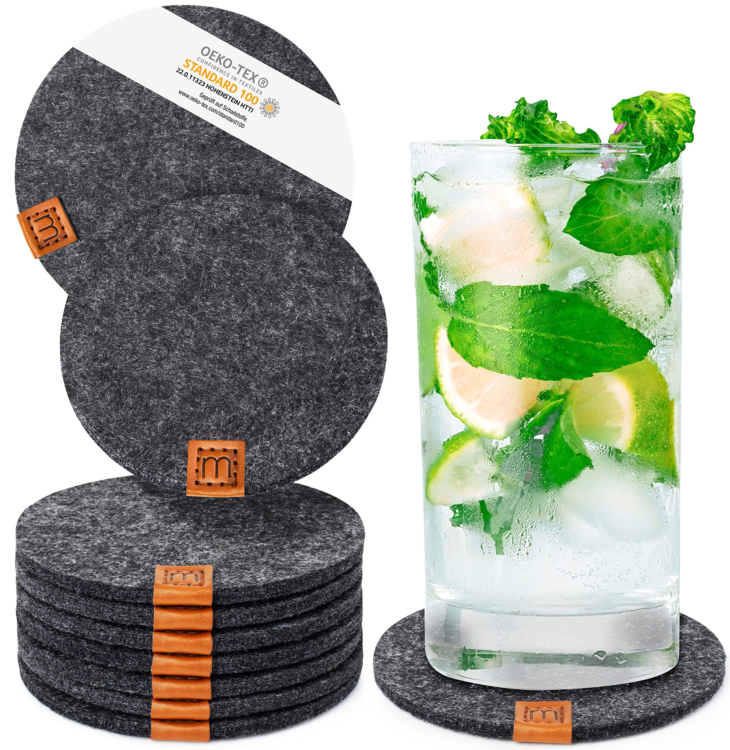 Miqio® Design Glass Coaster - Felt and Leather - Coasters Set of 10 for Drinks with Genuine Leather Appliqué - Easily Washable and Sound Absorbing Cup Mats