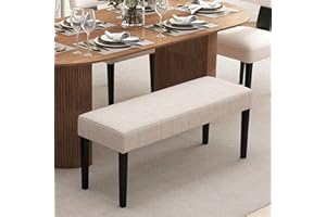HNY Farmhouse Upholstered Dining Bench Seat, 45" Linen Entryway Bench with Black Wood Legs, Mid Century Modern End of Bed Bench for Kitchen Bedroom Living Room Hallway, for 2-3 Person, Beige