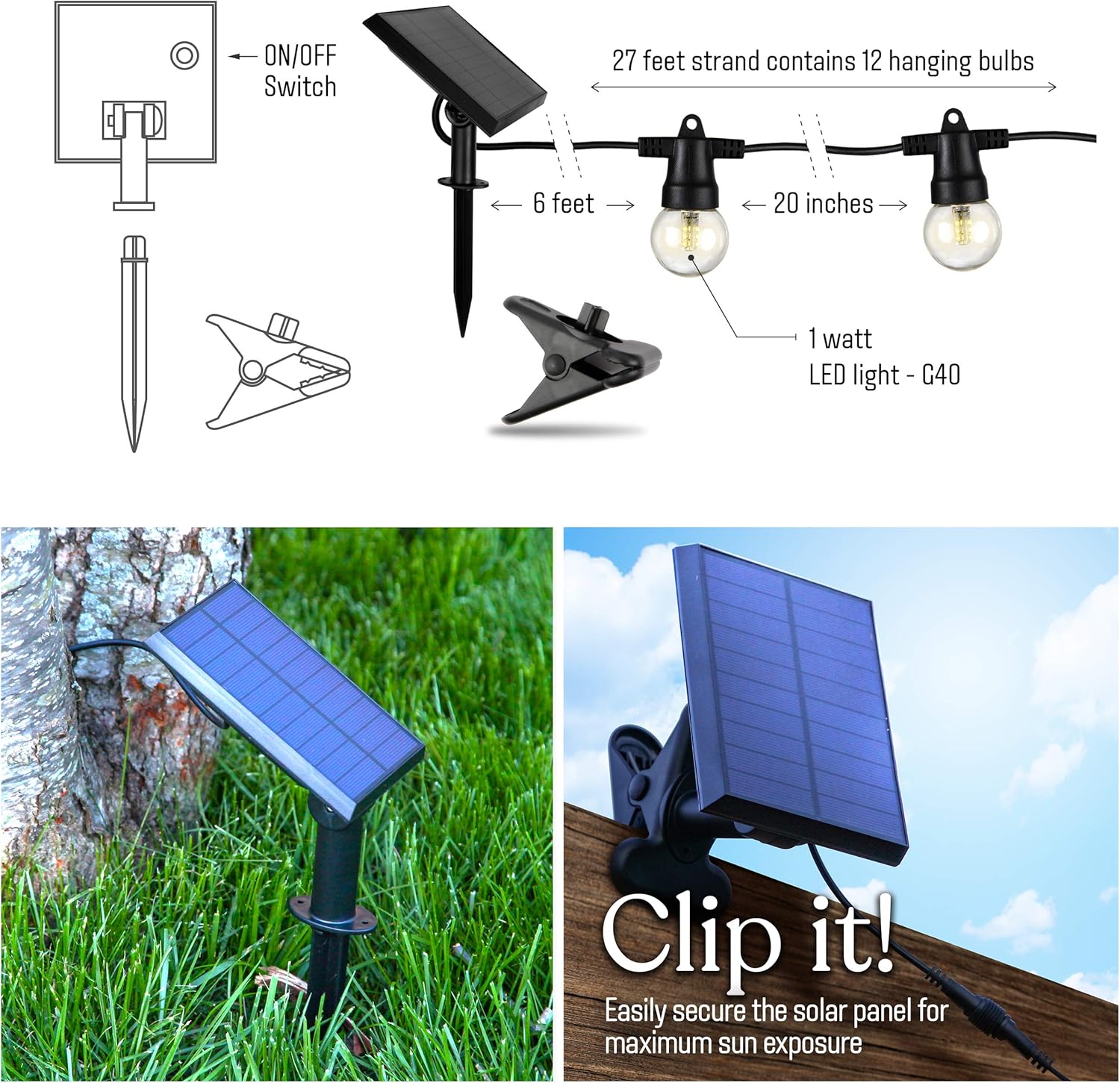 Brightech Ambience Pro - Waterproof Solar LED Outdoor String Lights – 1W Retro Edison Globe Bulbs - 27 Ft Bistro Lights Create Cafe Ambience in Your Yard, Pergola - Warm White: Home Improvement