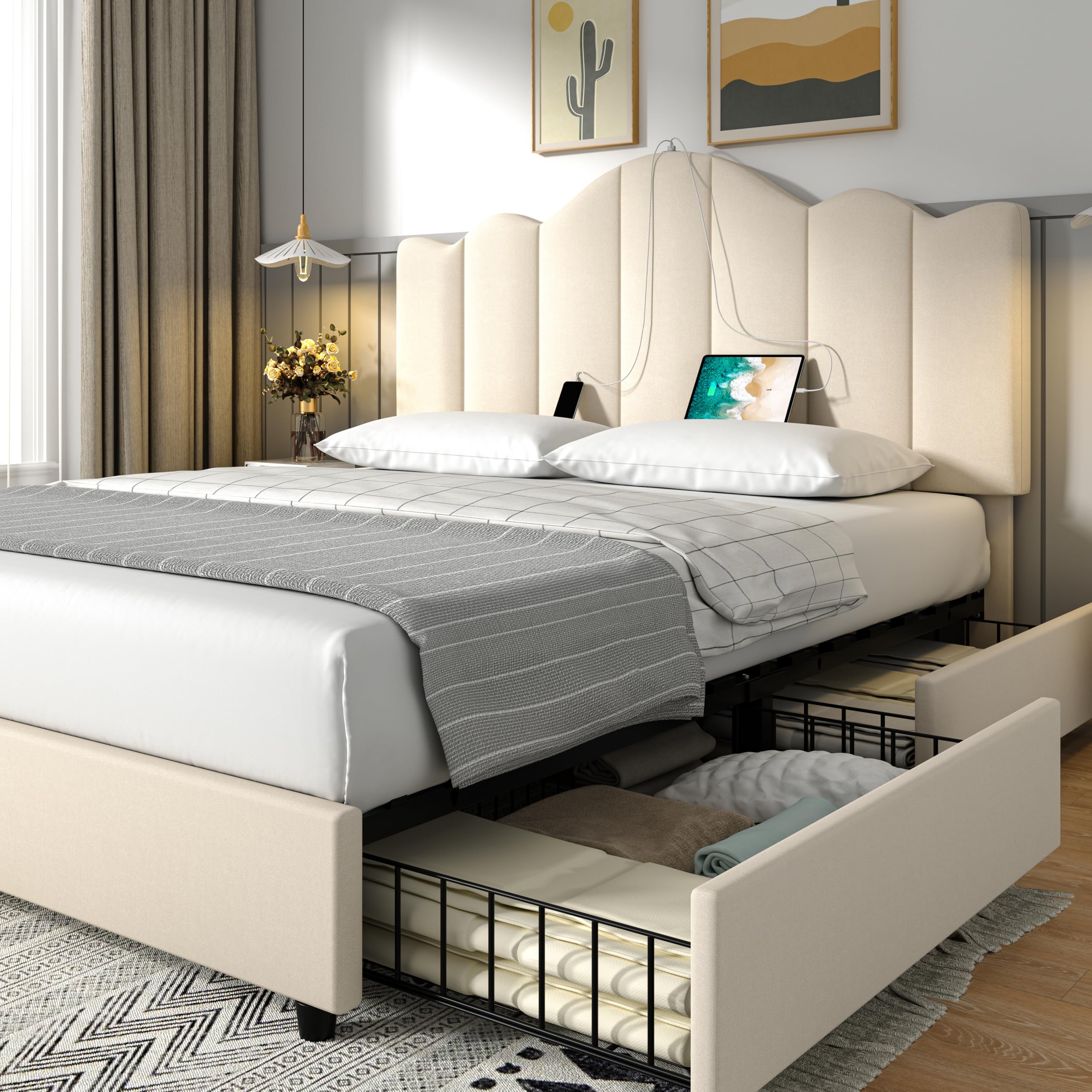 Photo 1 of 
VECELO Full Size Platform Bed Frame with Type-C & USB Charging Stations/4 Storage Drawers, Upholstered Adjustable Headboard, Strong Wooden Slats Support, No Box Spring Needed, Easy Assembly