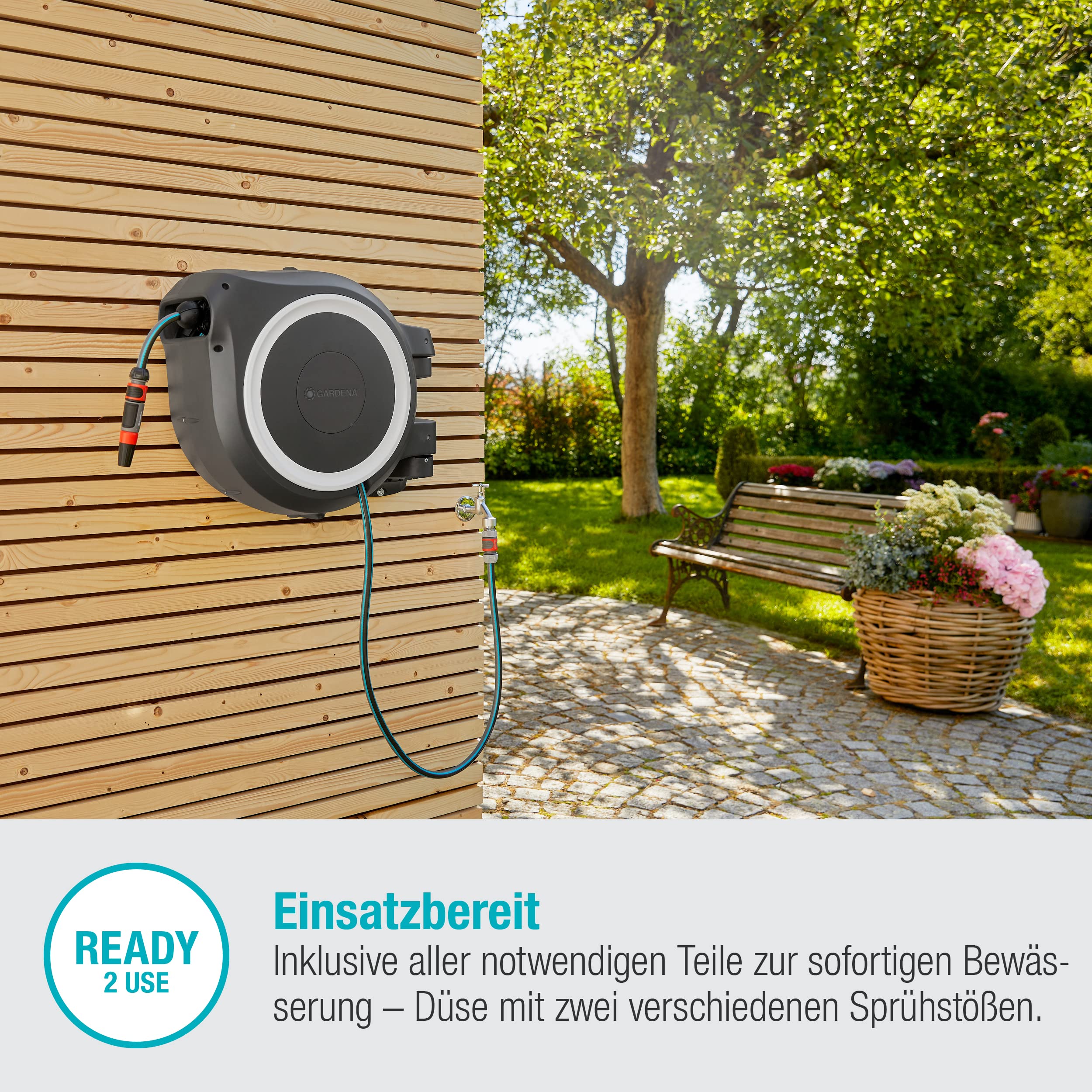 Gardena Wand-Schlauchbox RollUp L (weiß) 30 m exklusiv für Amazon: Schwenkbare Schlauchbox, integrierte Schlauchführung, inkl. 30 m Gardena Qualitätsschlauch, Reinigungsspritze und Brause (18627-38) 5