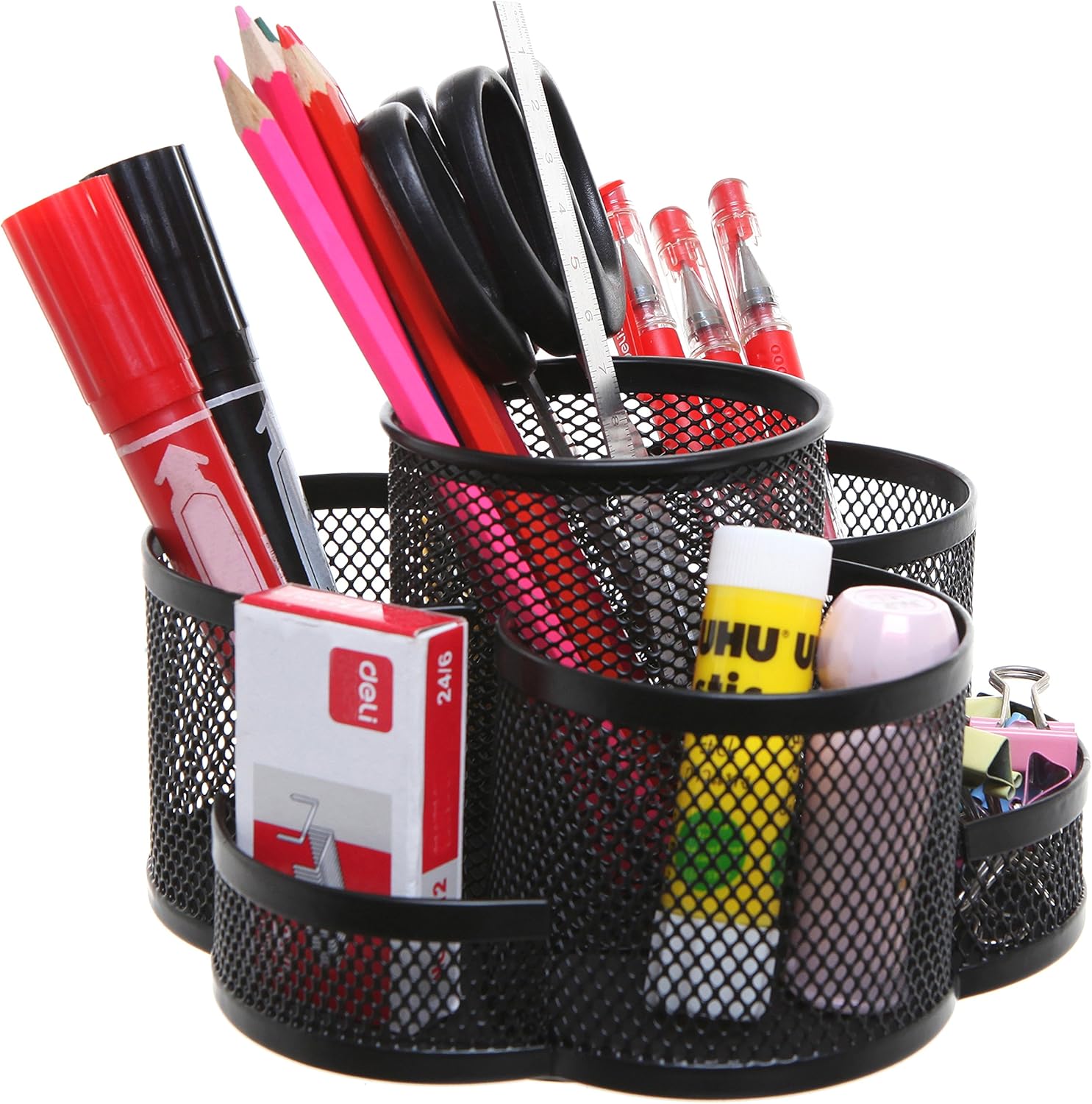 Rotating Black Metal Mesh 7 Compartment Desktop Office Supplies Storage Organizer Caddy Rack : Office Products