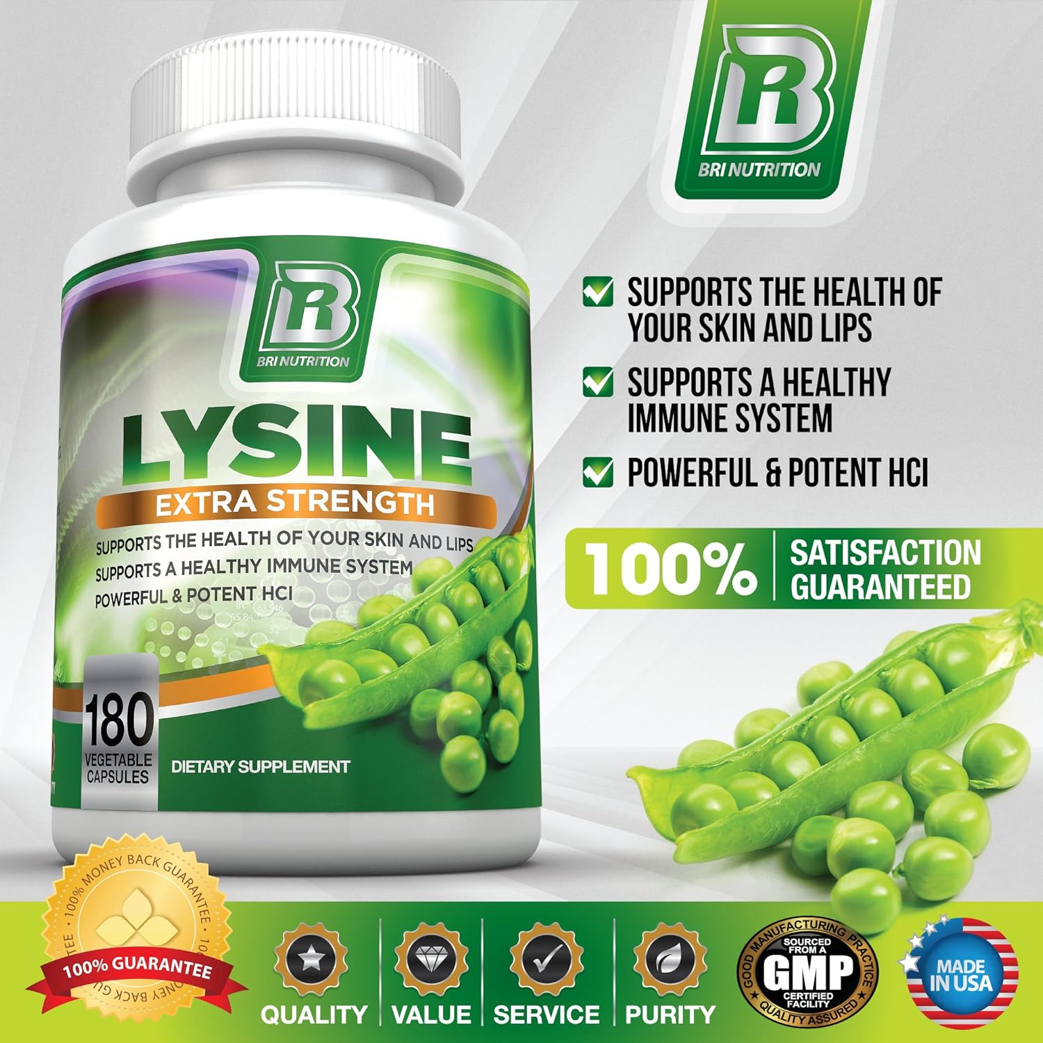 BRI Nutrition L-Lysine 180 Servings Per Bottle - Super 500mg Veggie Capsules: Health & Personal Care