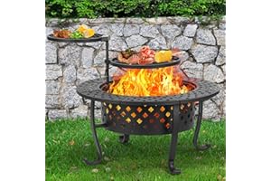 Panovue 36 Inch Fire Pit with 2 BBQ Grills, Wood Burning Fire Pits for Outside with Lid & Fire Poker, BBQ& Outdoor Firepit & Round Metal Table 3 in 1 for Patio, Picnic, Party