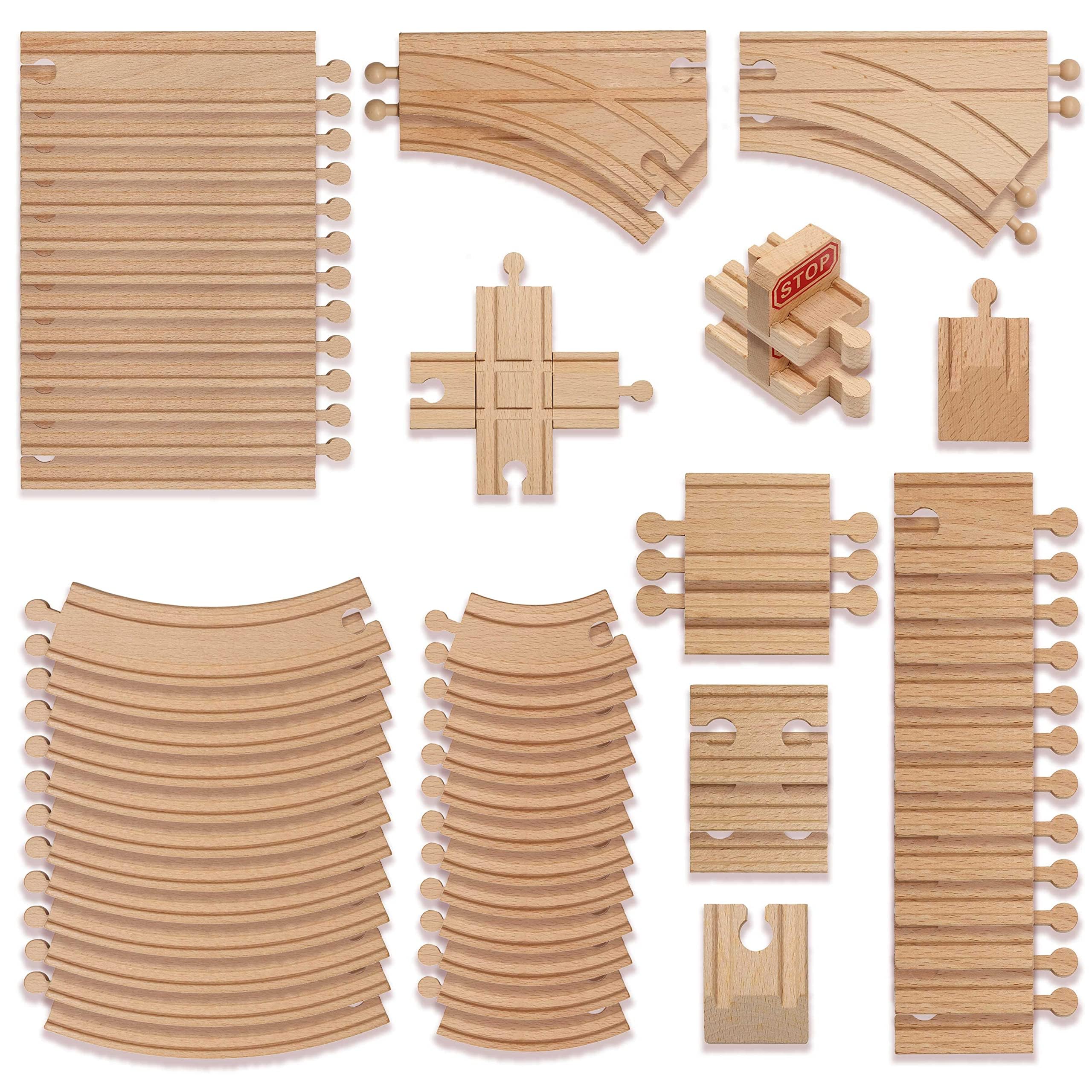 THE TWIDDLERS 64 Piece Wooden Train Track Expansion Pack, Large Set Compatible with All Major Brand Toy Trains - Wide Selection of Straight and Curved Track, Premium Wood Railway Accessories
