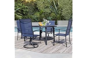 Stabrech 5 Pieces Outdoor Table and Chairs for 4, 42" Black Round Table with 2 Blue Swivel and 2 Big Chairs, Patio Dining Set with Swivel Chair