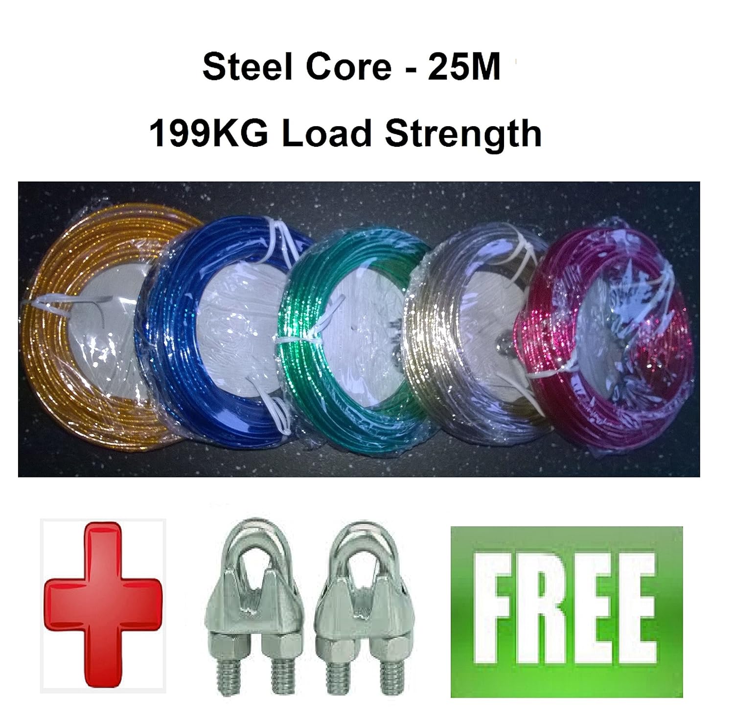 Strong 25m Steel Core Washing Clothes Line + Free Clamps 199 kg Tear