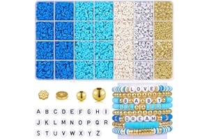 JAPIOR 5000 Pcs Friendship Bracelet Kit Clay Beads Bracelet Making Kit Blue White Heishi Clay Beads for Bracelet with Letter Gold Beads for Jewelry Making Kit Girls