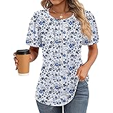 Ficerd Women's Pleated Tunic Top 2025 Crew Neck Spring Short Sleeve Loose Dressy Summer Blouses Fit Trendy T-shirts Tops